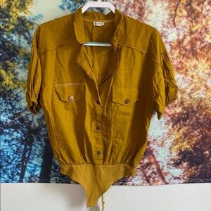 Free People Yellow Bodysuit Top with Collared Neckline safari NWOT